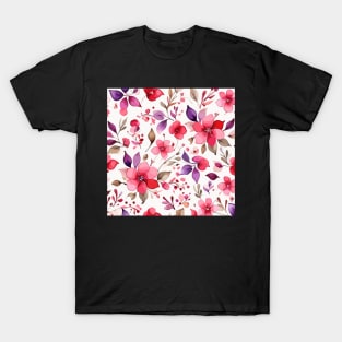 Pink Violet and Brown Floral Pattern on White T-Shirt